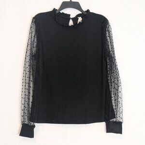Black Stretchy Knit Pullover Top w Dotted Tulle Long Sleeves; Size XL